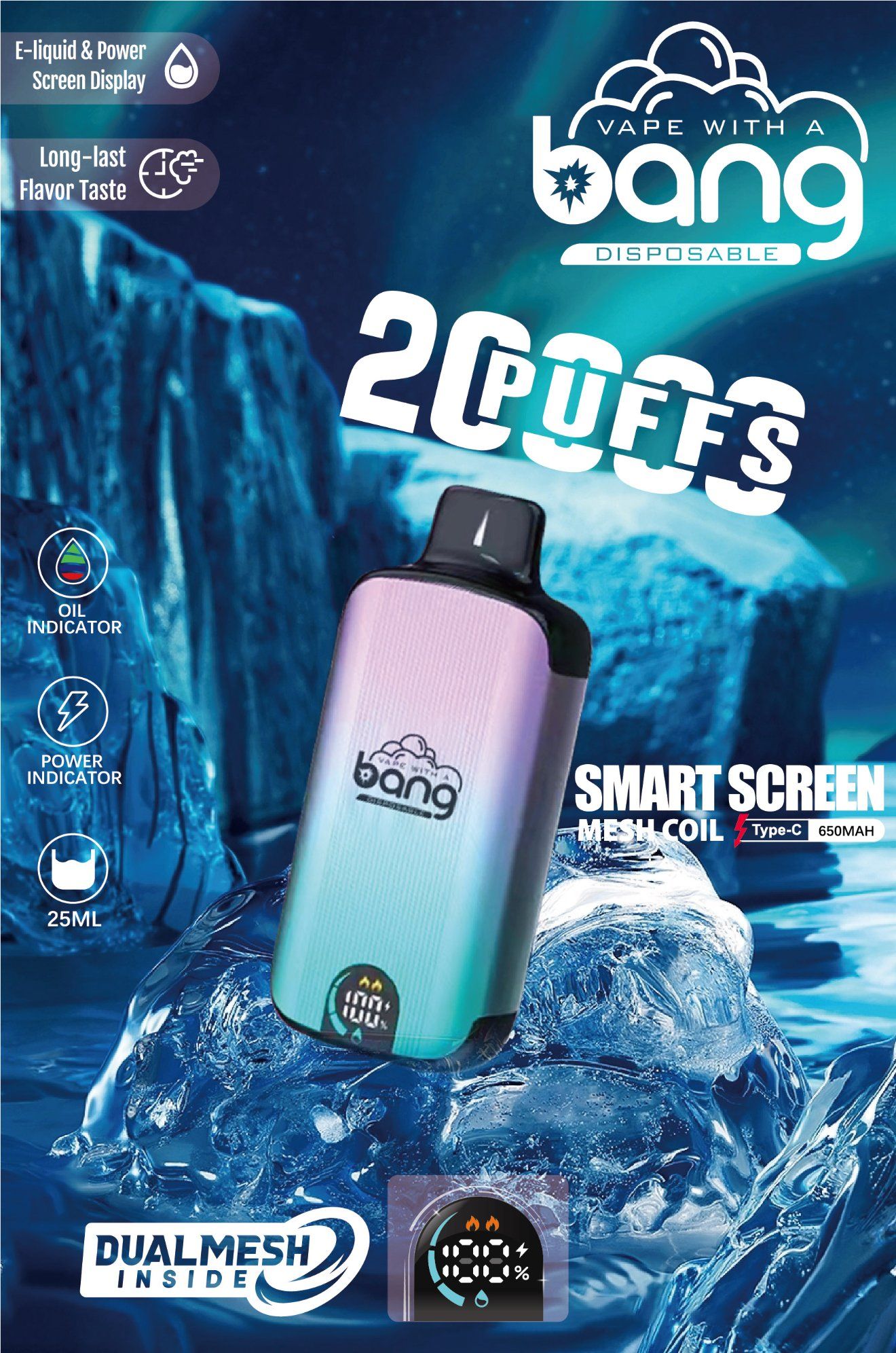 Bang 20000 Puff Disposable Vape Pod with Screen Display, Fruits Flavor, Type C Charging, CE & FCC Certified - Image 2