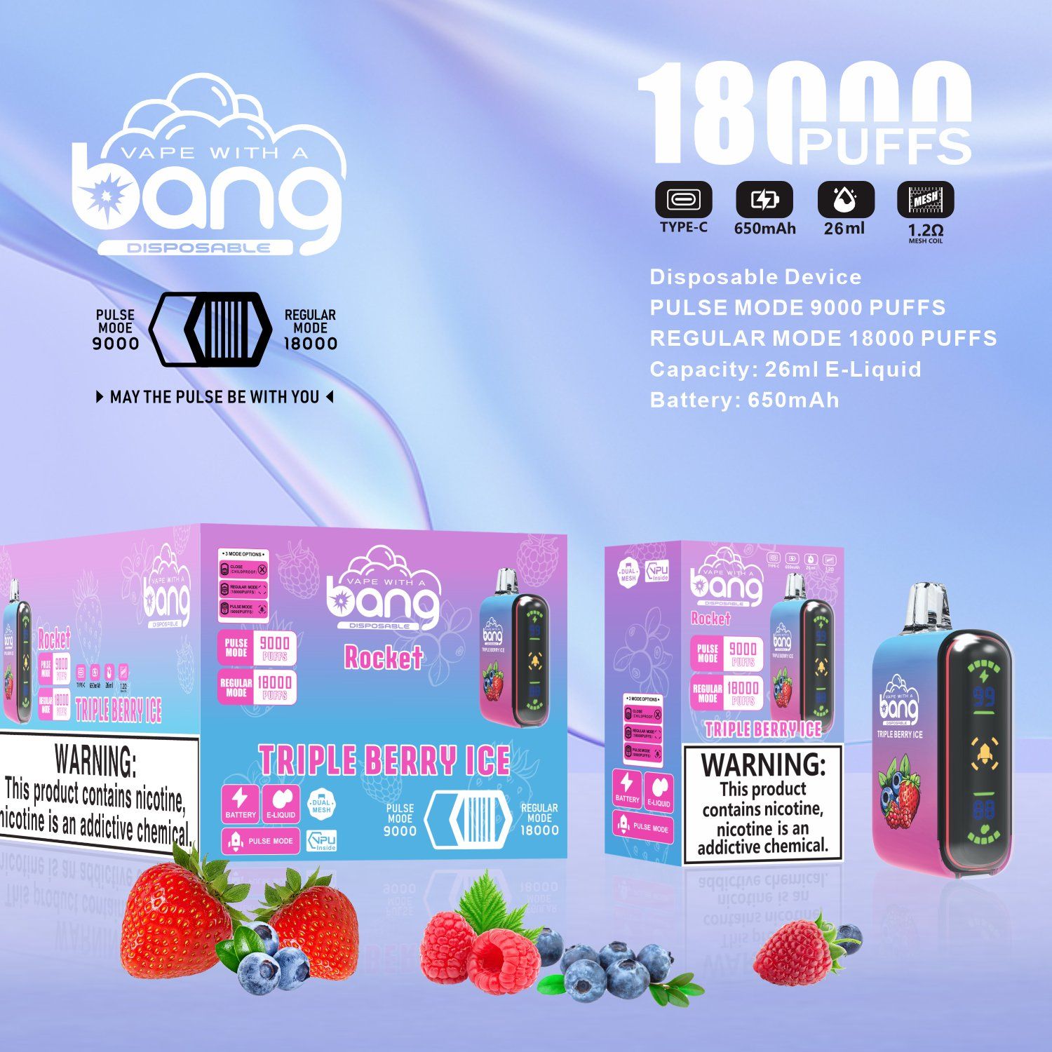 Bang Rocket 18000 Puffs Disposable Vape Pen - 26ml Rechargeable EGO Vaporizer with Fruit Flavors - Image 5