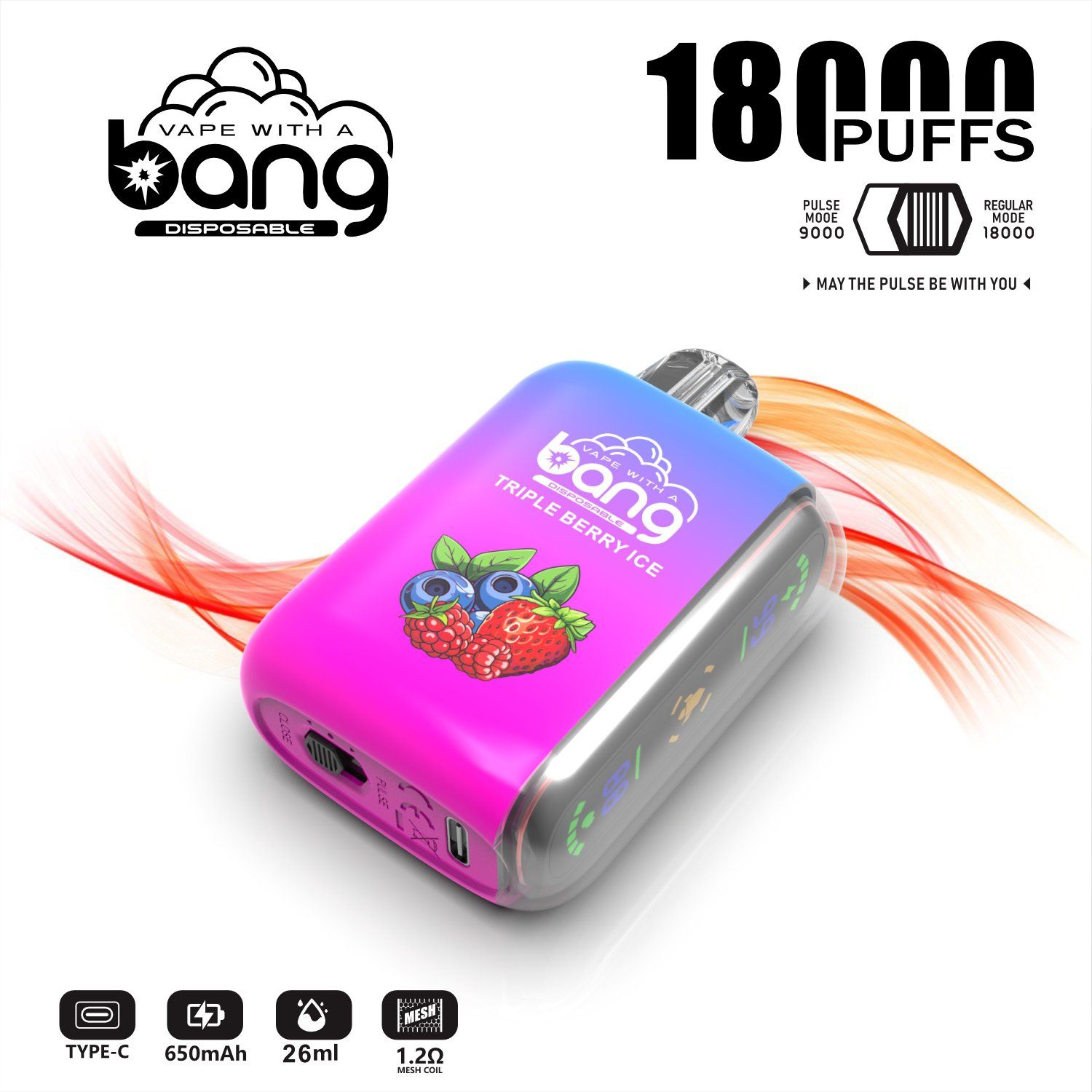 Bang Rocket 18000 Puffs Disposable Vape Pen - 26ml Rechargeable EGO Vaporizer with Fruit Flavors
