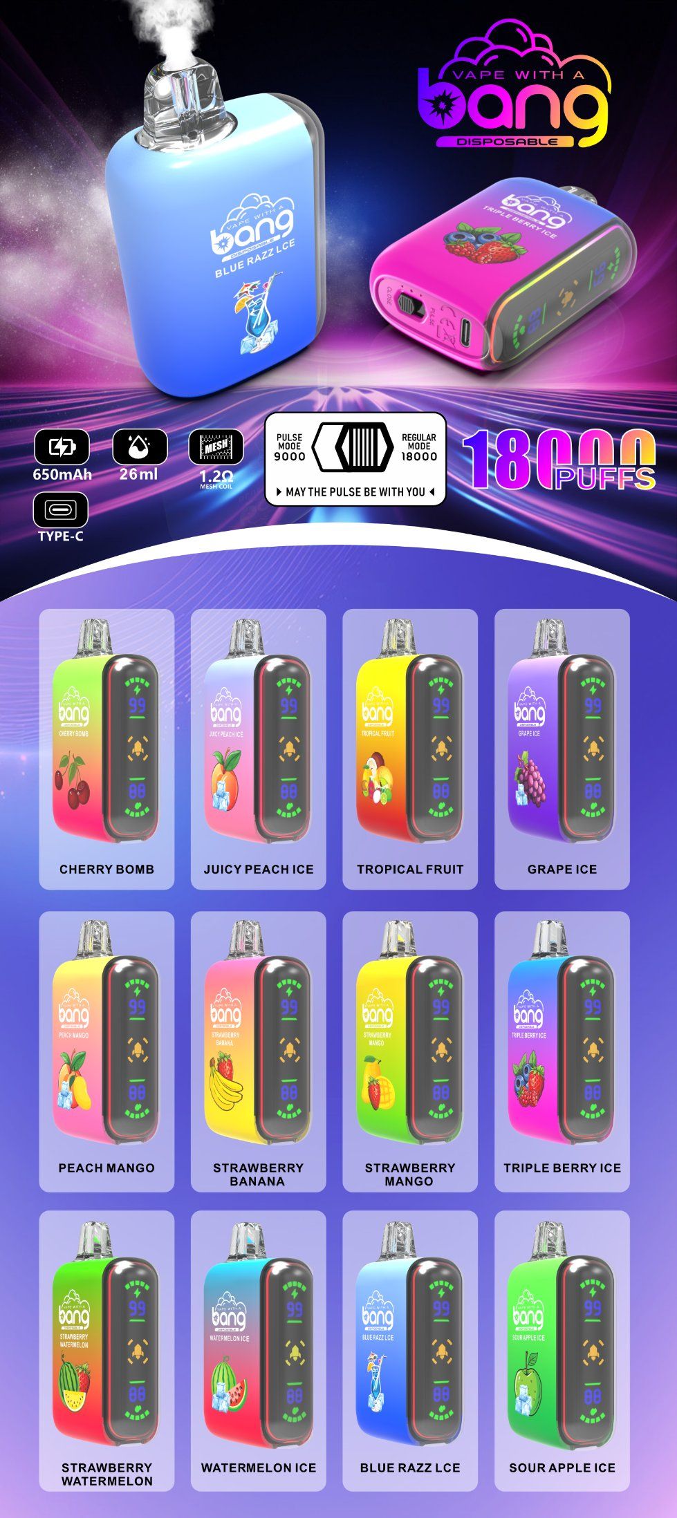 Bang Rocket 18000 Puffs Disposable Vape Pen - 26ml Rechargeable EGO Vaporizer with Fruit Flavors - Image 3