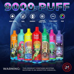 RandM Tornado 9000 Puffs Mesh Coil Disposable Vape 18ml Rechargeable with RGB Light & Fruit Flavors