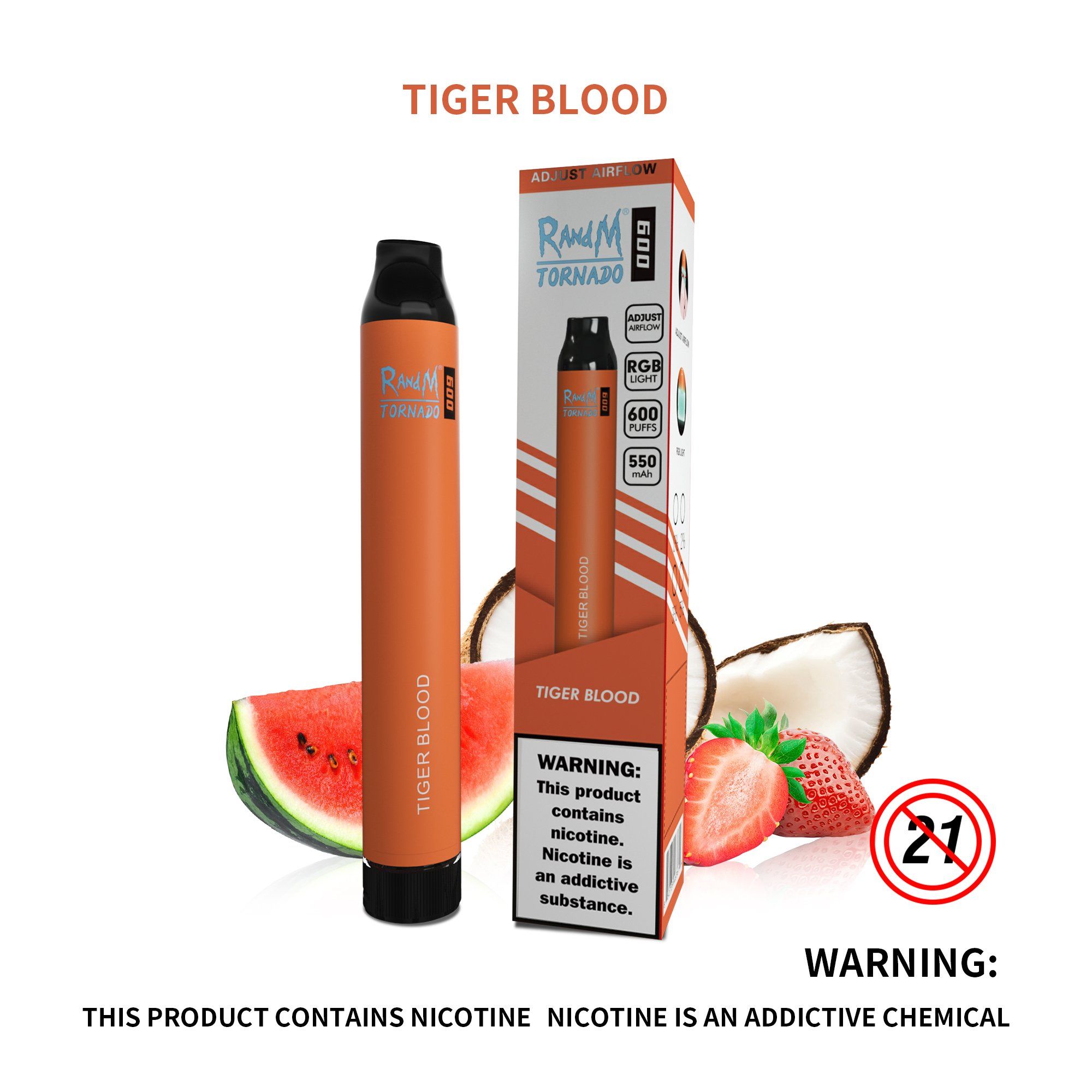 RandM Tornado 600 Puffs Disposable Vape, 2ml, 1100mAh, Fruit Flavors, Low Nicotine, EGO Style - Image 3