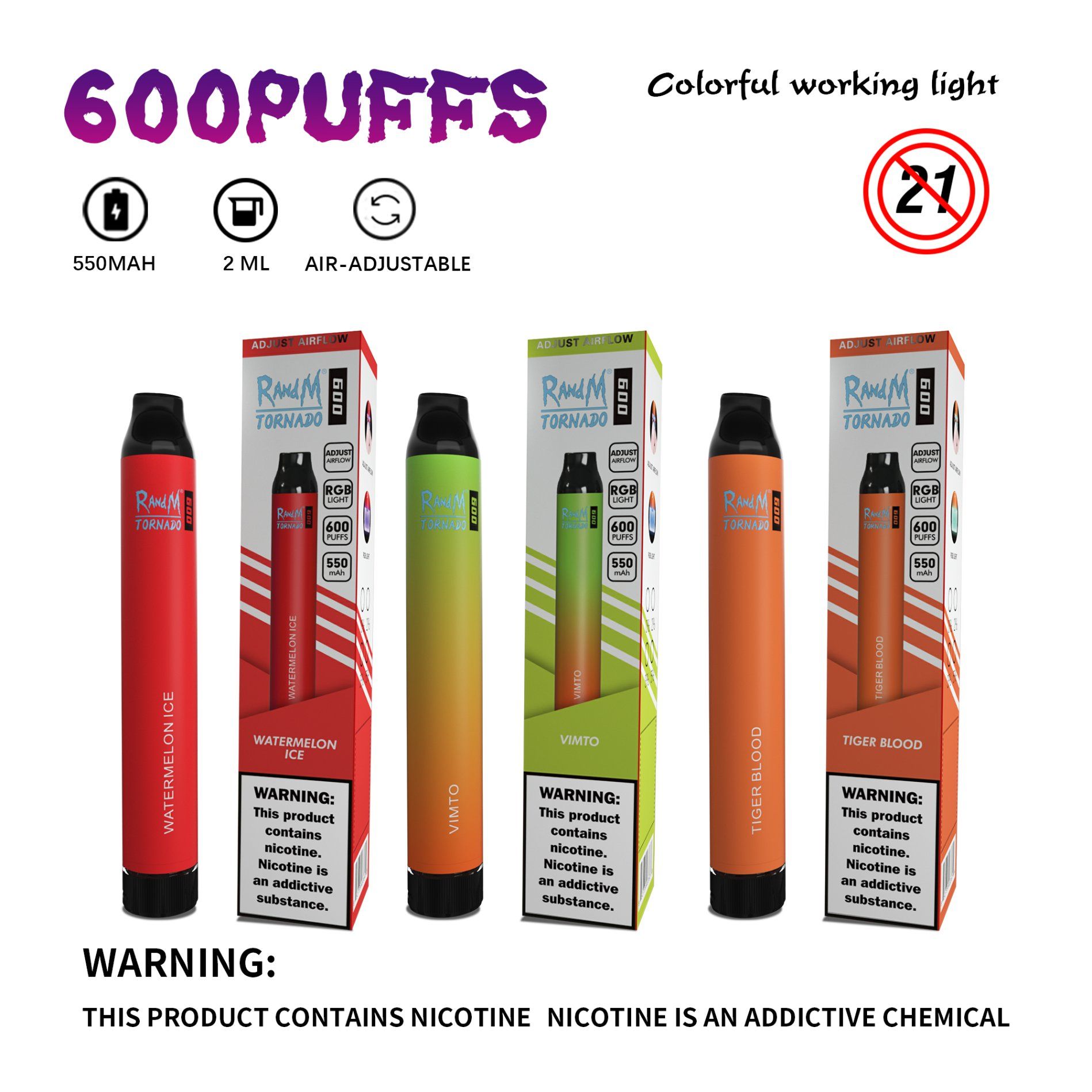RandM Tornado 600 Puffs Disposable Vape, 2ml, 1100mAh, Fruit Flavors, Low Nicotine, EGO Style - Image 6