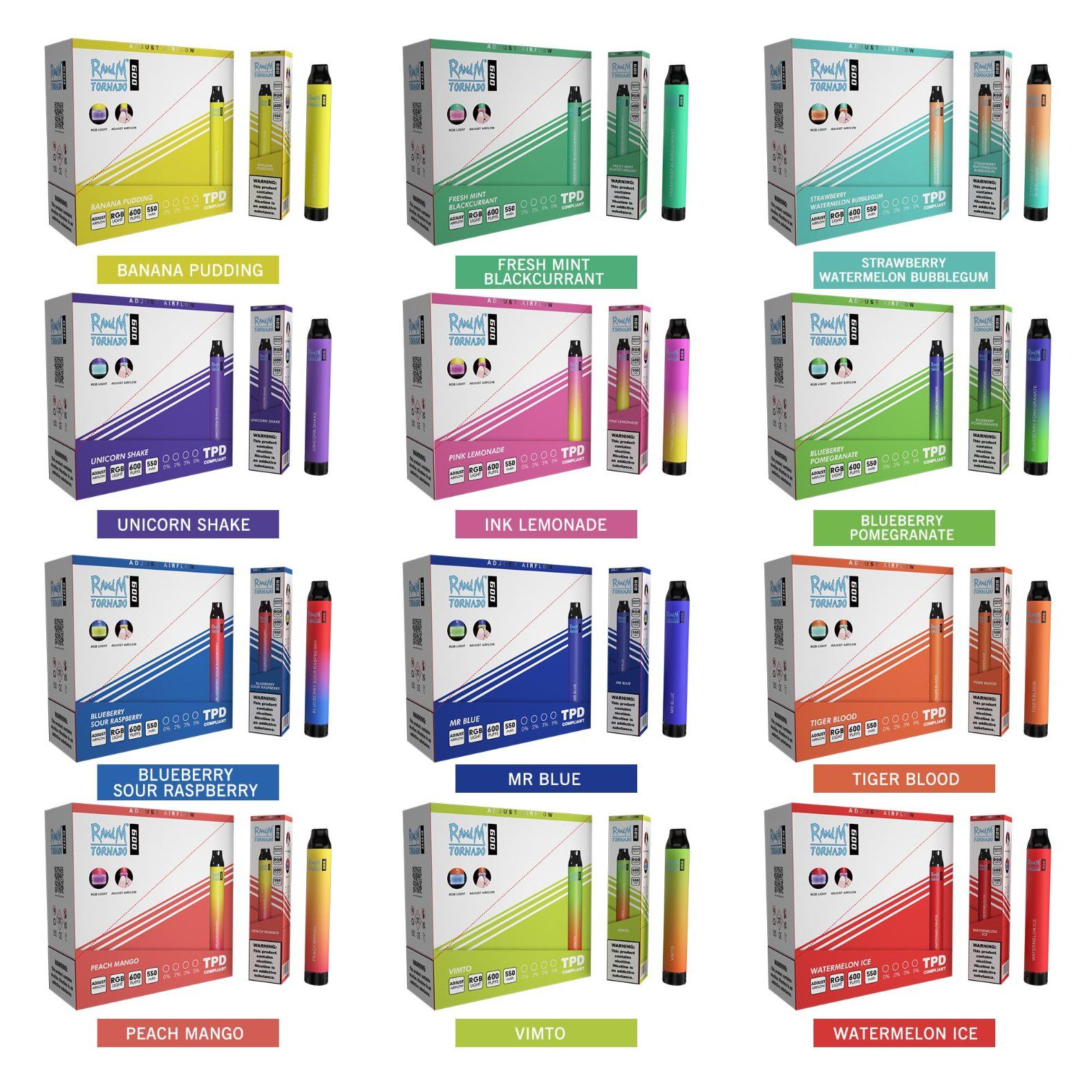 RandM Tornado 600 Puffs Disposable Vape, 2ml, 1100mAh, Fruit Flavors, Low Nicotine, EGO Style