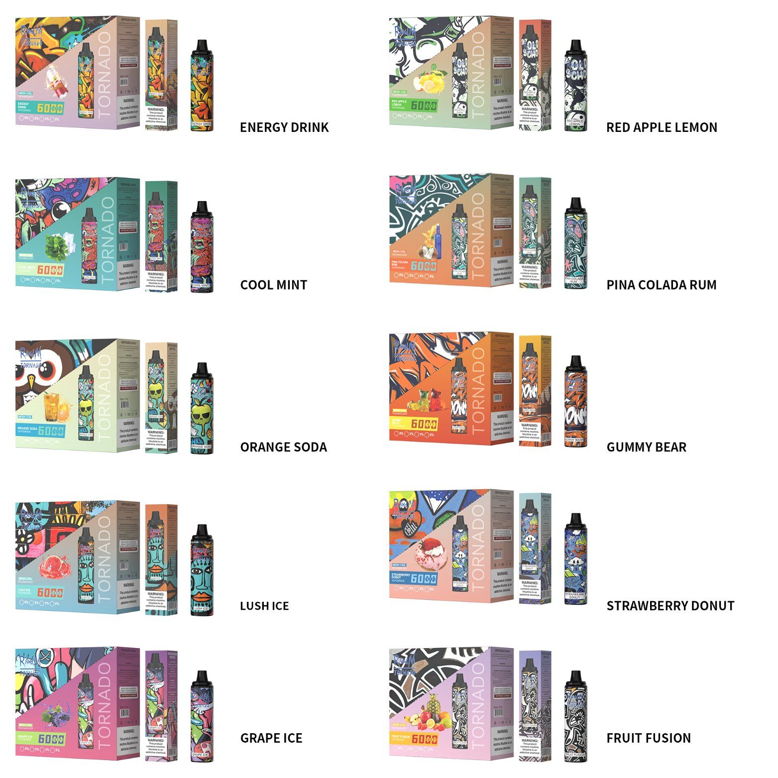 RandM Tornado 6000 Puffs Mesh Coil Disposable Vape Pen, Rechargeable, 30 Flavors, 850mAh Battery - Image 4