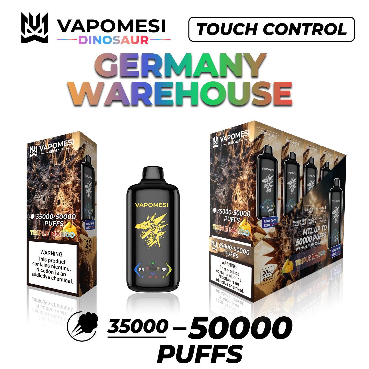 Vapomesi Dinosaur Disposable Vape 10000-30000 Puffs EU Warehouse Wholesale with LED Screen & Custom Logo - Image 4