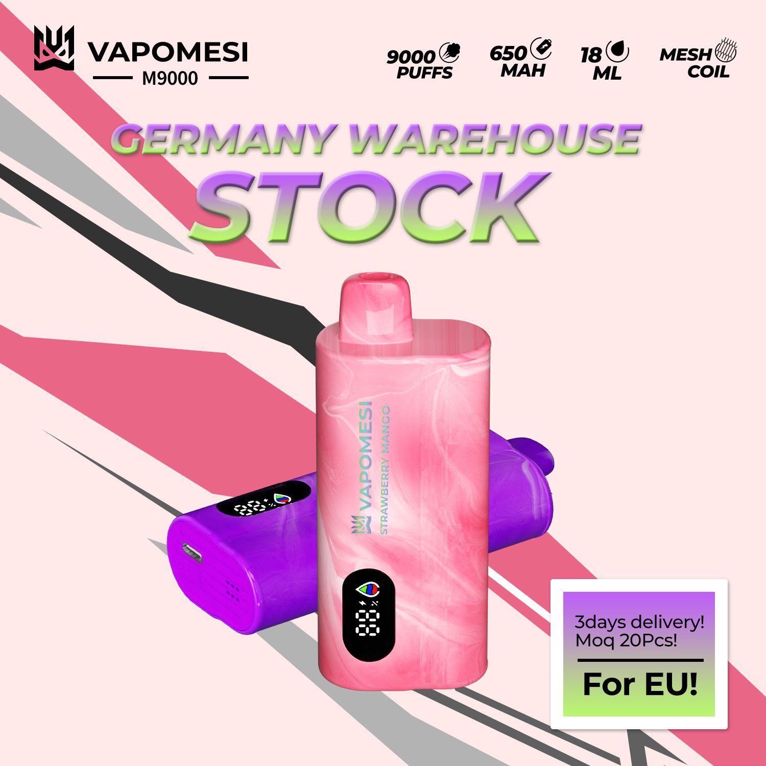 Vapomesi M9000 Disposable Vape 9000-12000 Puffs, Rechargeable, Mesh Coil, EU Warehouse, Fruit Flavors