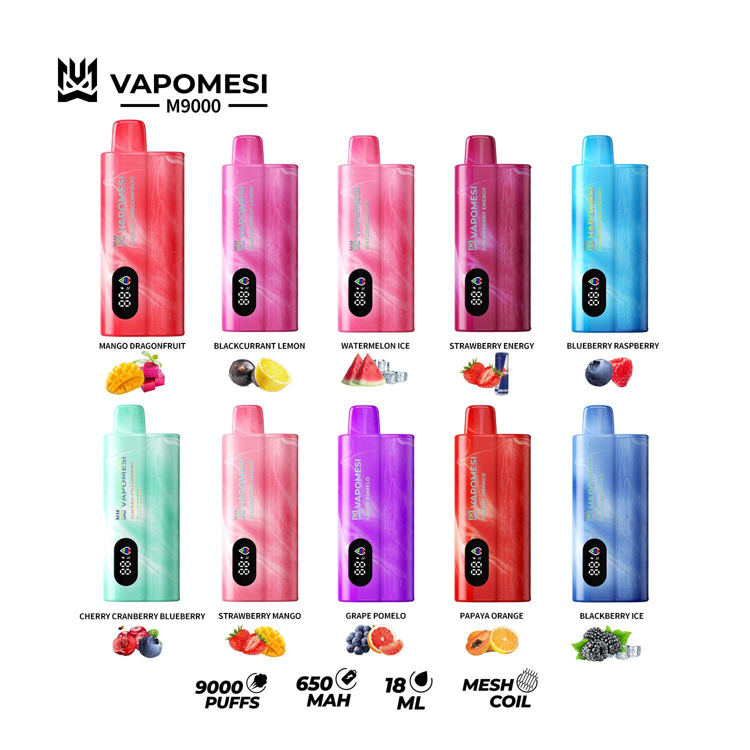 Vapomesi M9000 Disposable Vape 9000-12000 Puffs, Rechargeable, Mesh Coil, EU Warehouse, Fruit Flavors - Image 3