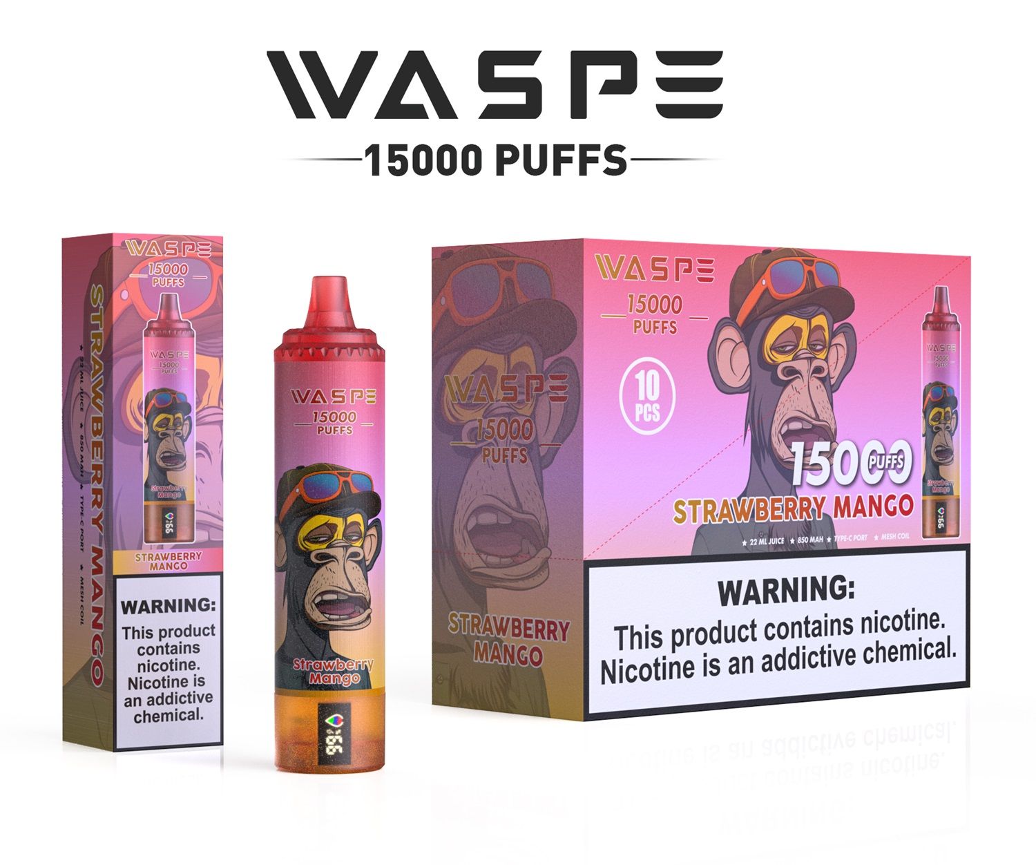 Waspe 15000 Puffs Disposable Vape 850mAh, Mesh Coil, Variable Voltage, Fruit Flavor, CE, RoHS Certified