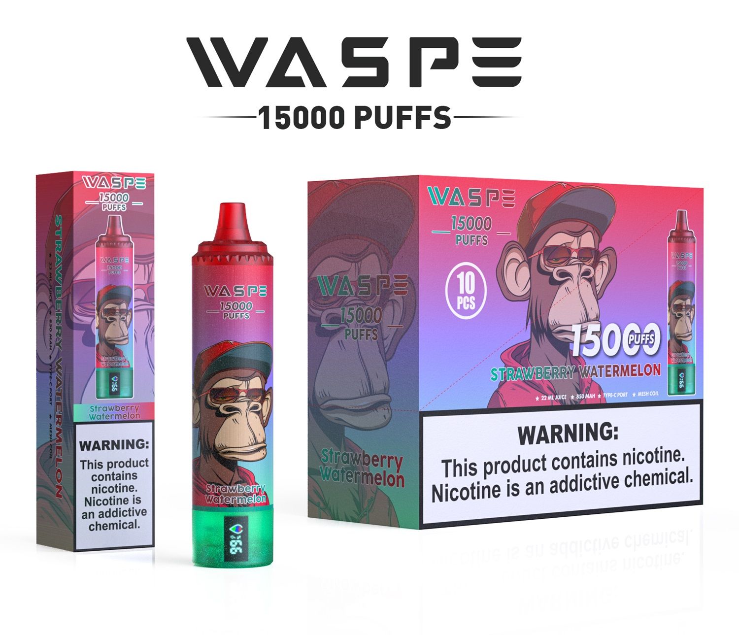 Waspe 15000 Puffs Disposable Vape 850mAh, Mesh Coil, Variable Voltage, Fruit Flavor, CE, RoHS Certified - Image 3
