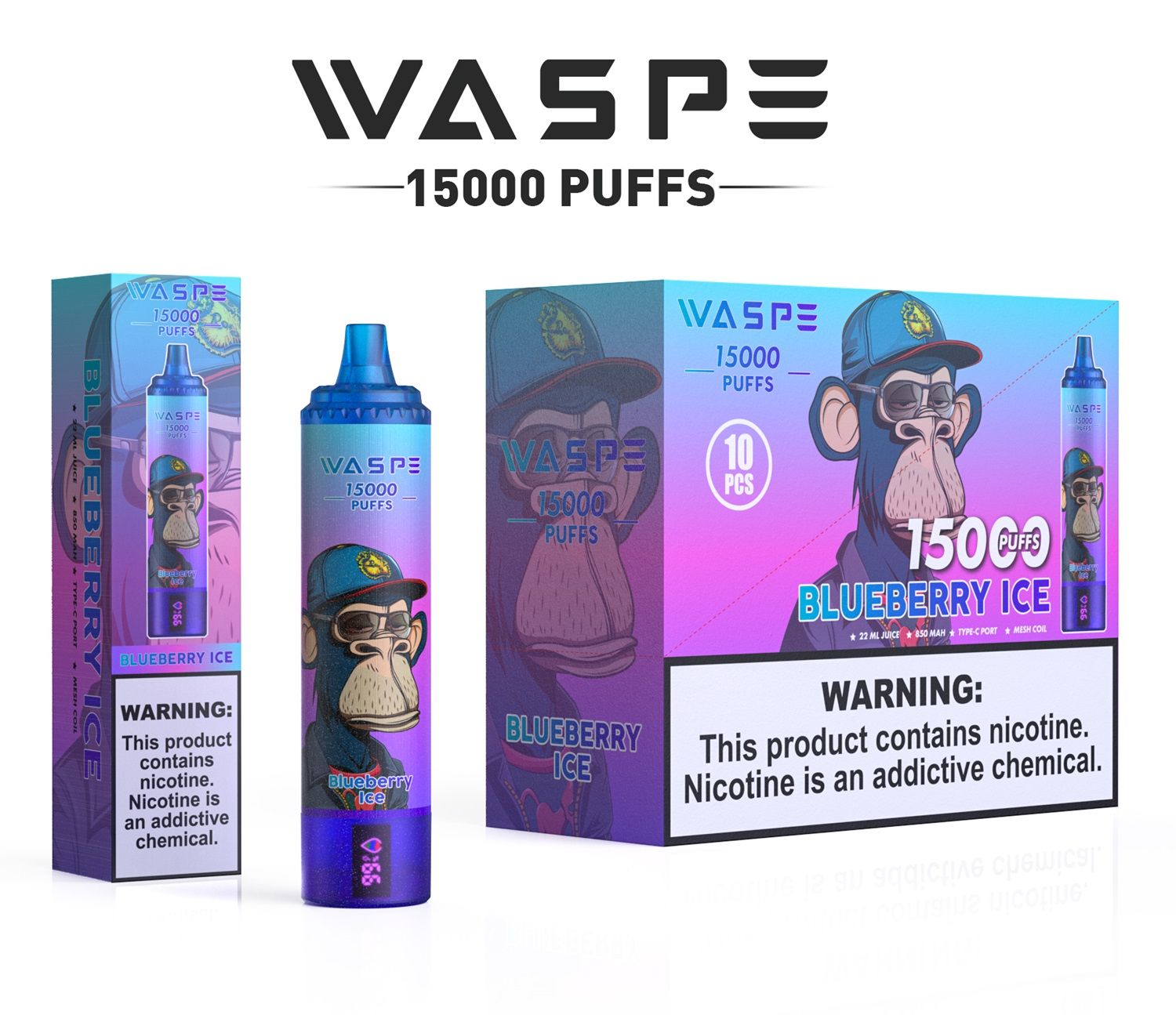 Waspe 15000 Puffs Disposable Vape 850mAh, Mesh Coil, Variable Voltage, Fruit Flavor, CE, RoHS Certified - Image 2